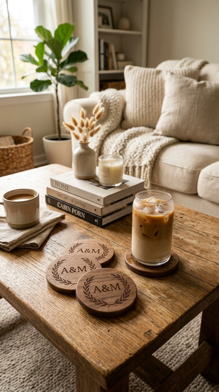 016 Personalized Wood Coasters A styled coffee table w