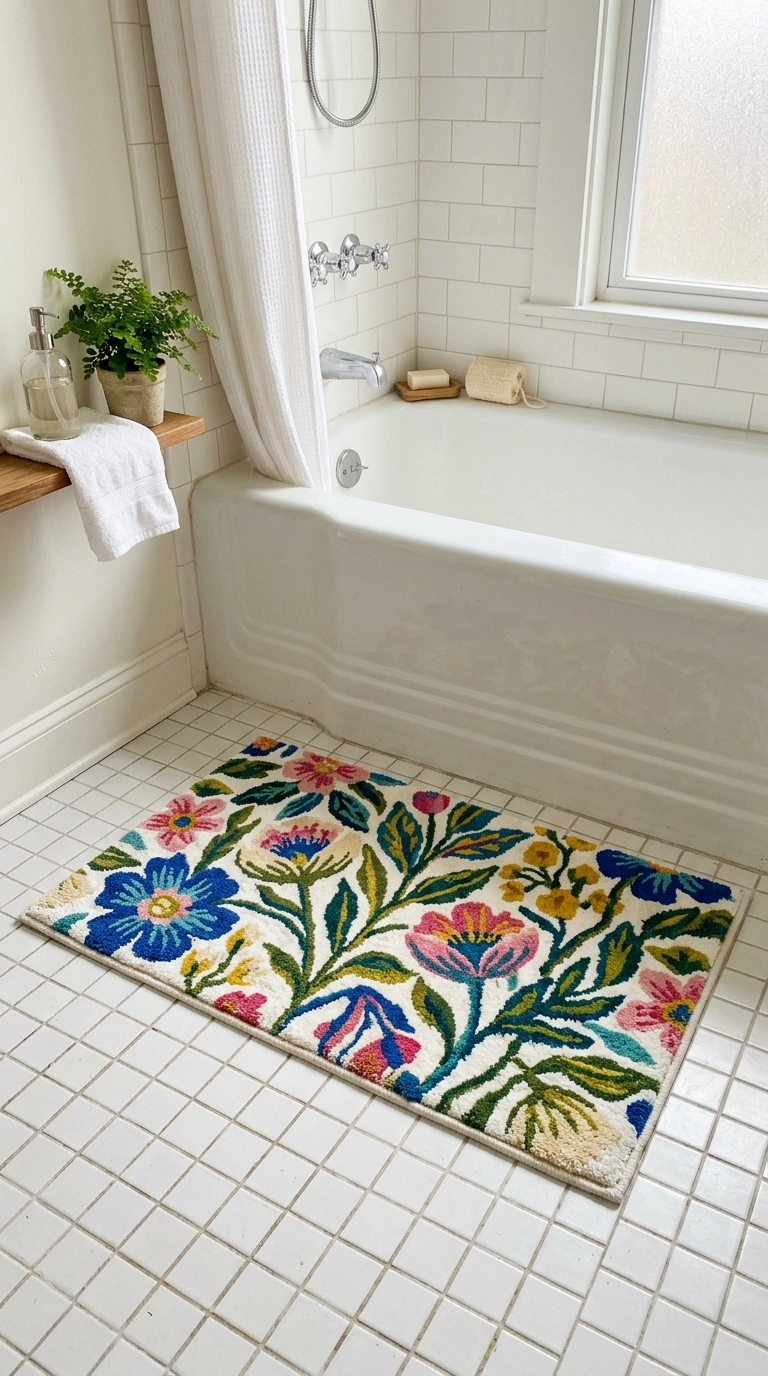 016 Printed Bath Mat A small bathroom floor with a bol