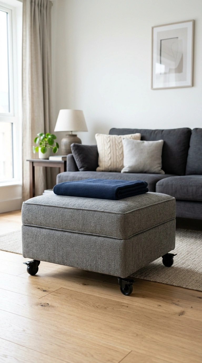 016 Rolling Caster Ottoman A square grey tweed upholst