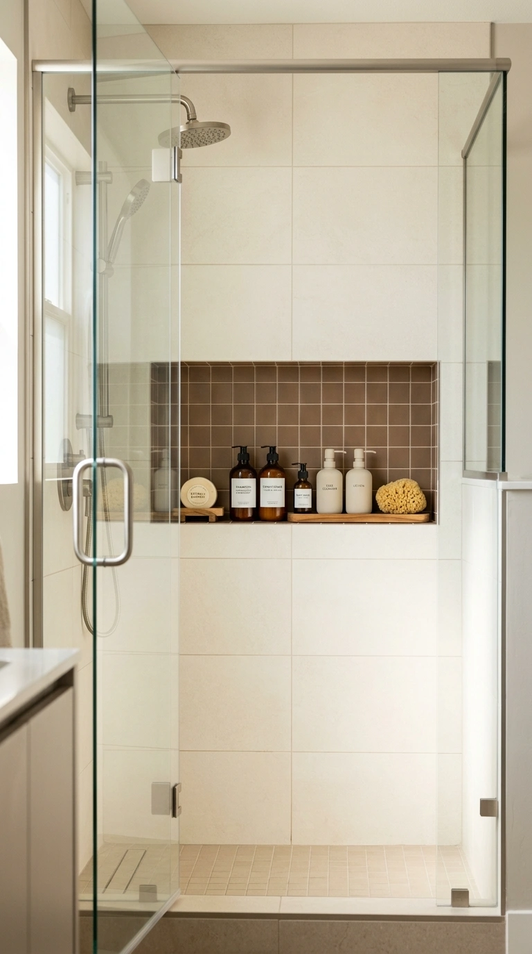 016 Tiled Shower Niche A walk in shower with cream wal