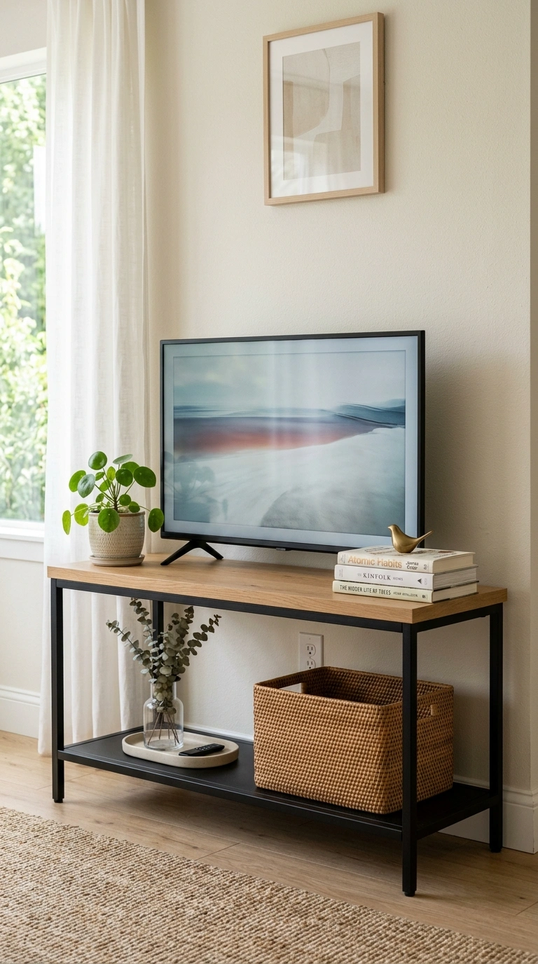 016 Two Tone Console A TV stand with a light wood top