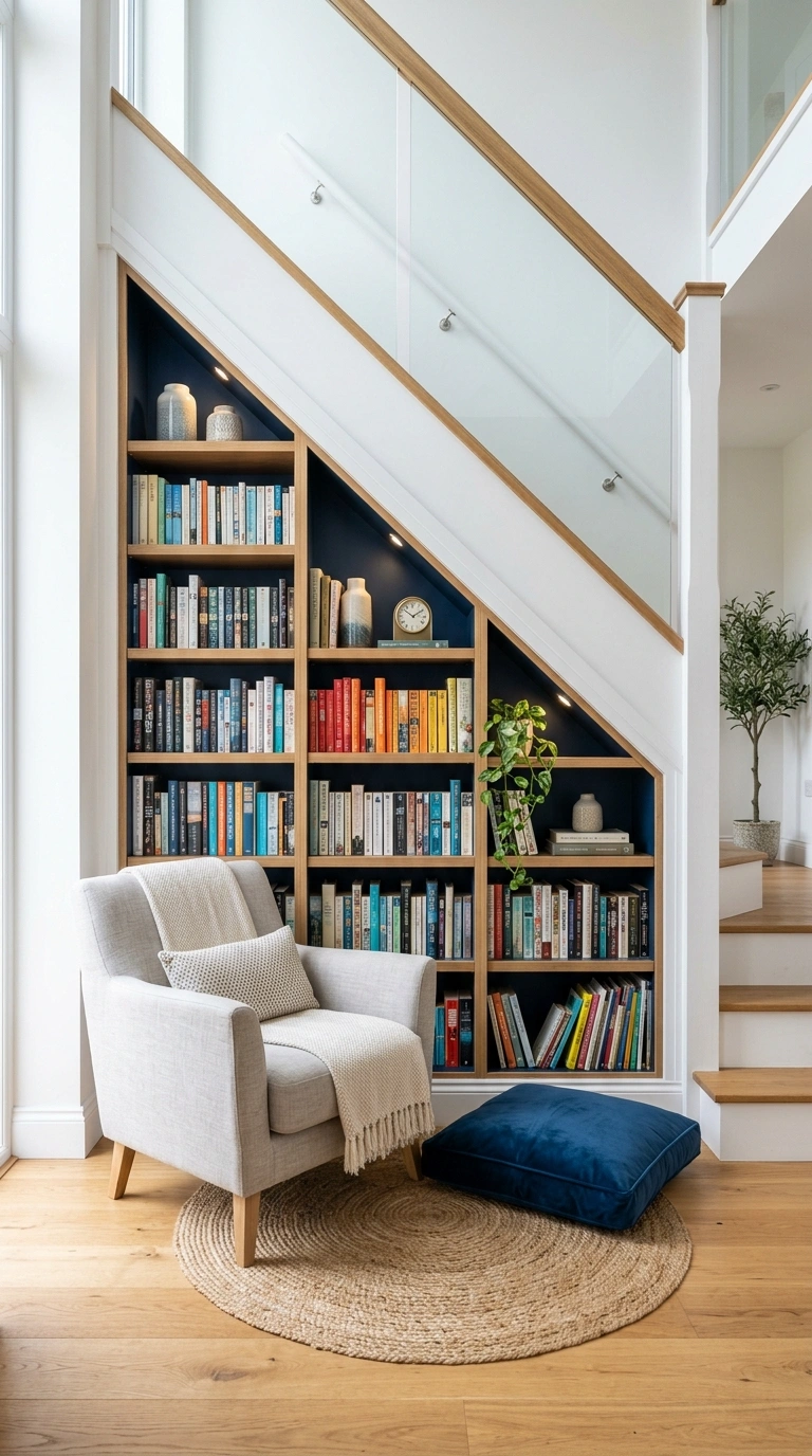 21 Small Home Library Ideas for Book Lovers 17 016 Under Stairs Library Built in shelves cut to follo