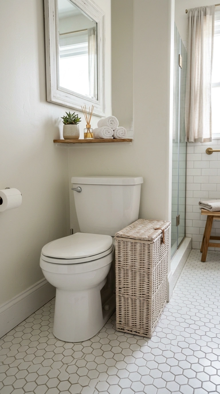 016 Wicker Hamper Nook A bathroom with a slim whitewas