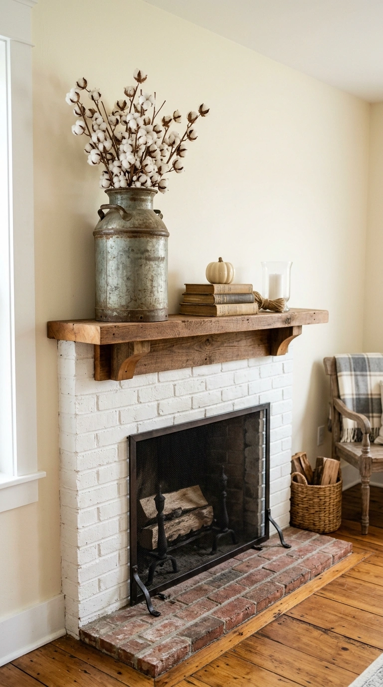 017 17 Cotton Stem Decor A farmhouse mantel with a bun