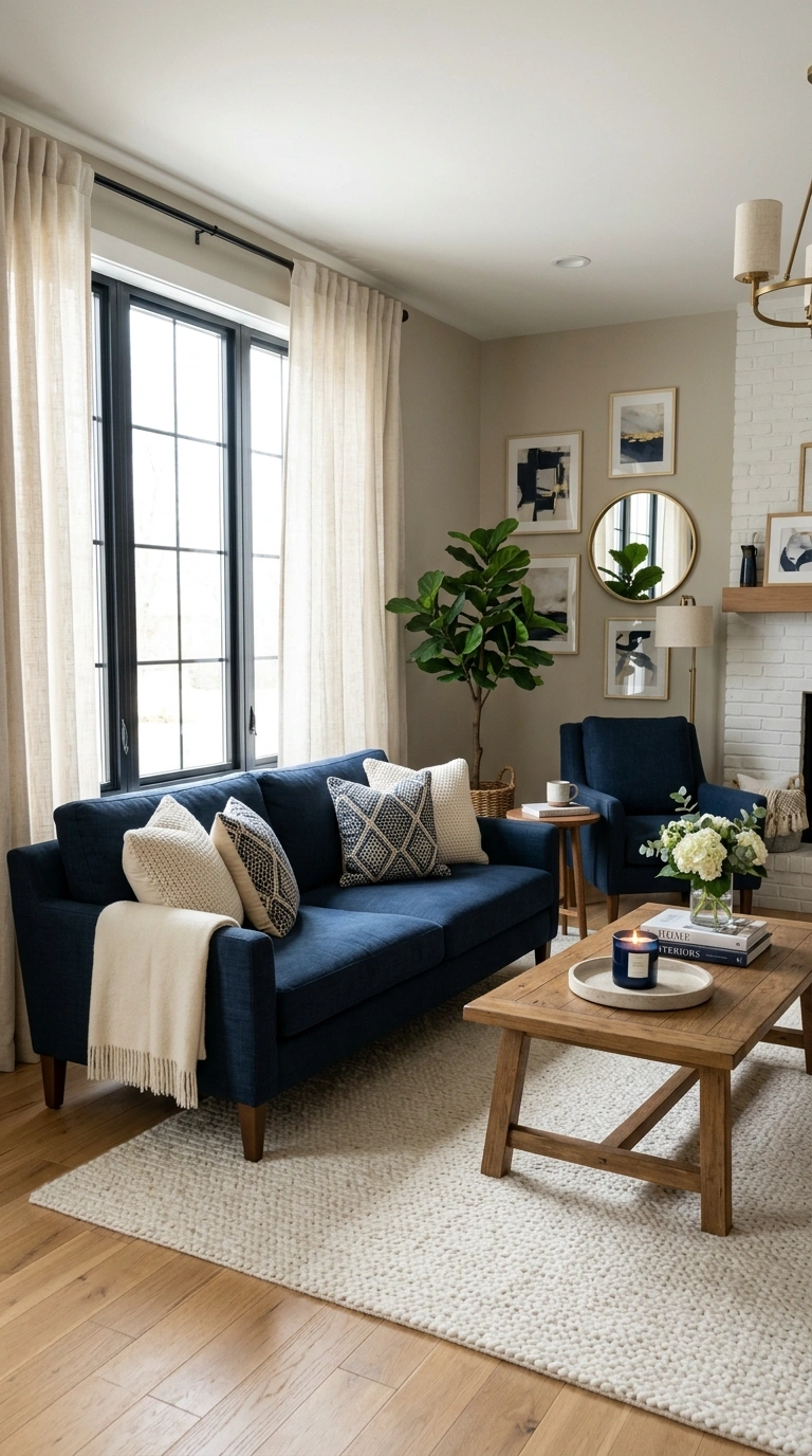 21 Colors That Pair Perfectly With Navy Blue 18 017 17 Navy And Ivory A living room with navy blue fur