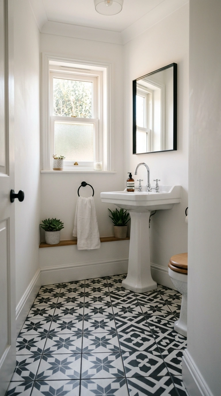 017 17 Patterned Floor Tile A small powder room with b