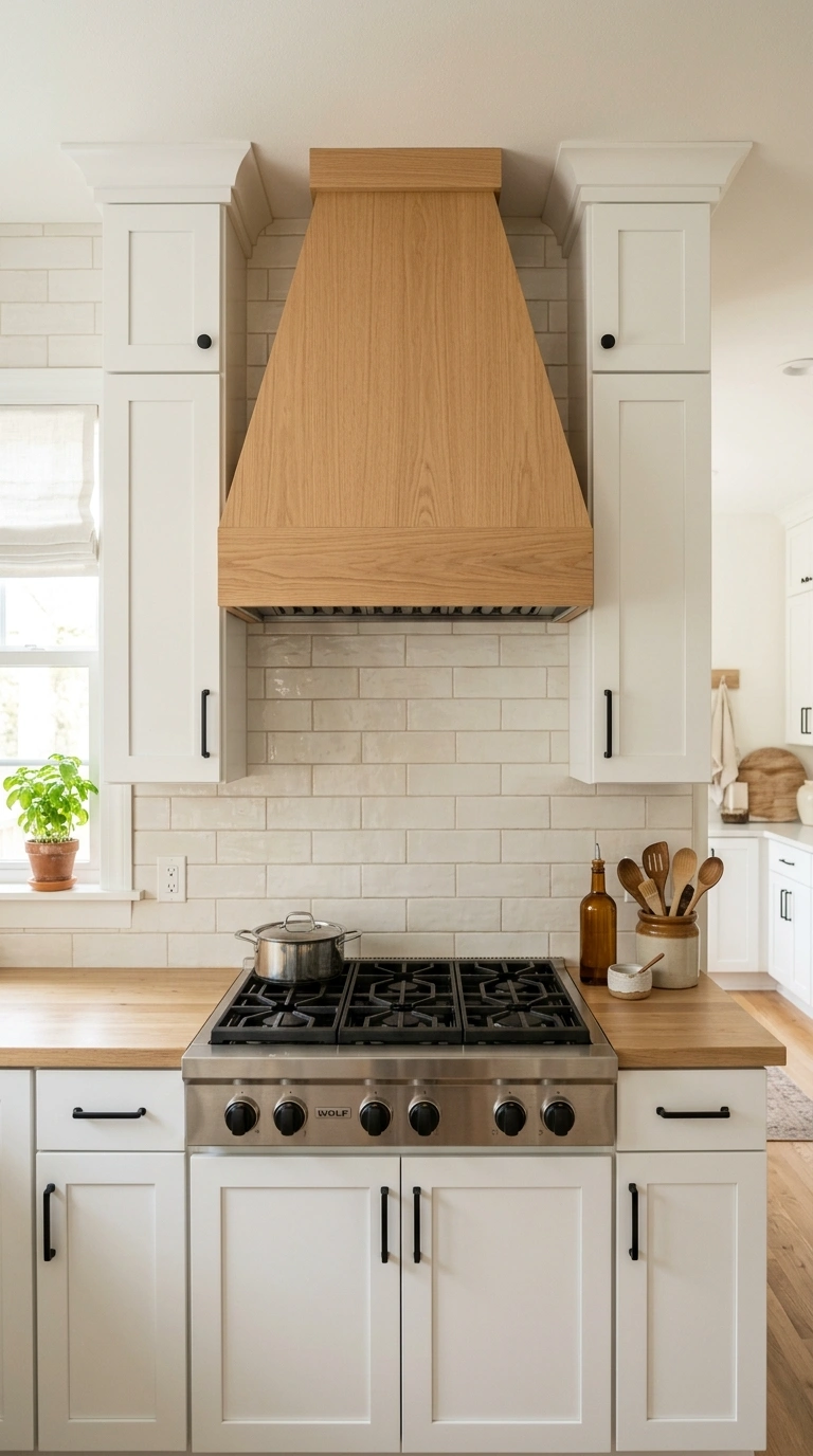 017 17 Wood Range Hood A white shaker kitchen with a l