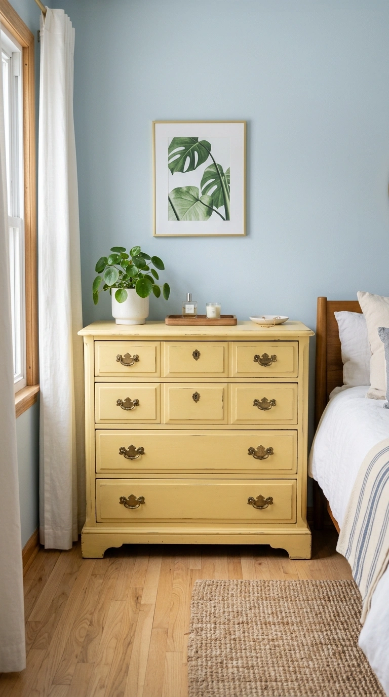 017 17 Yellow Dresser Pop A bedroom with pale blue wal