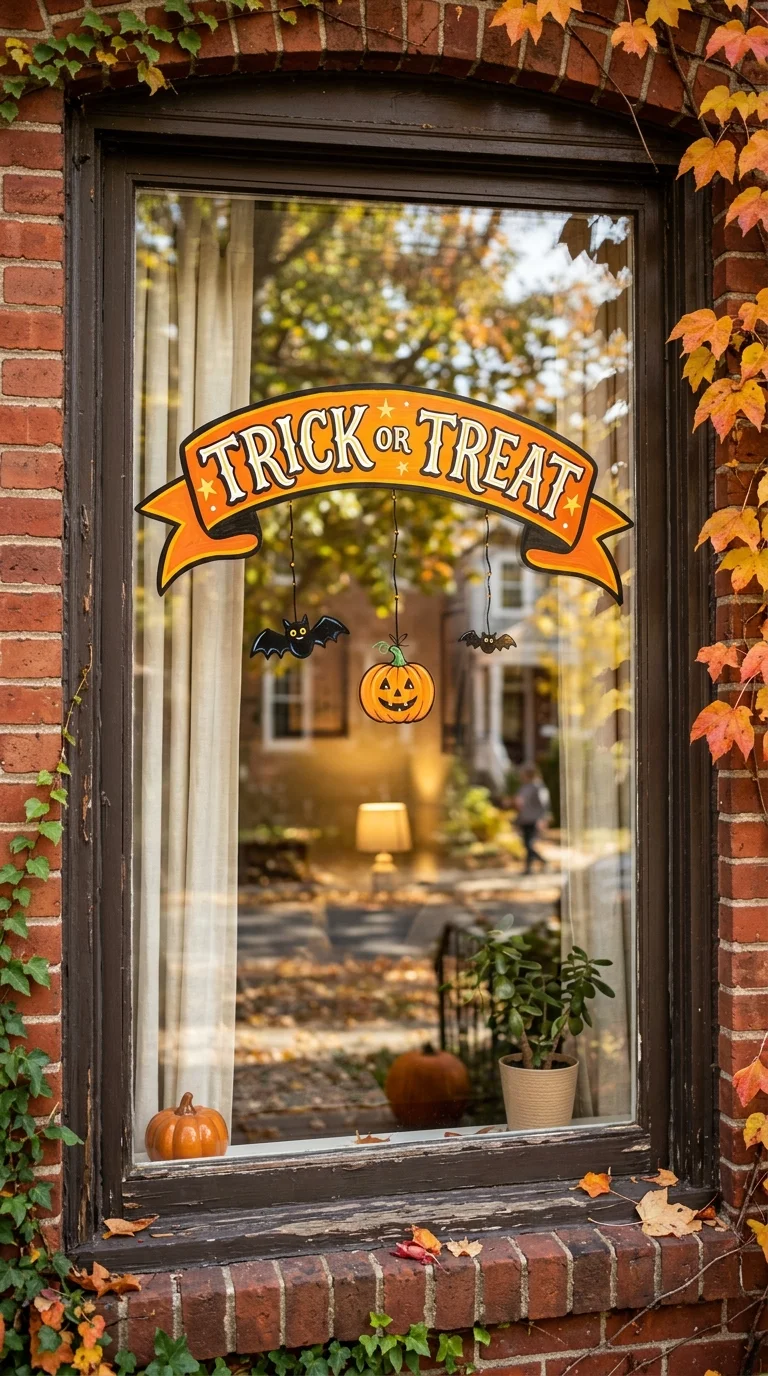 22 Halloween Window Painting Ideas to Make Your Home Stand Out 18 017 17Trick or Treat Banner A front window painted wit