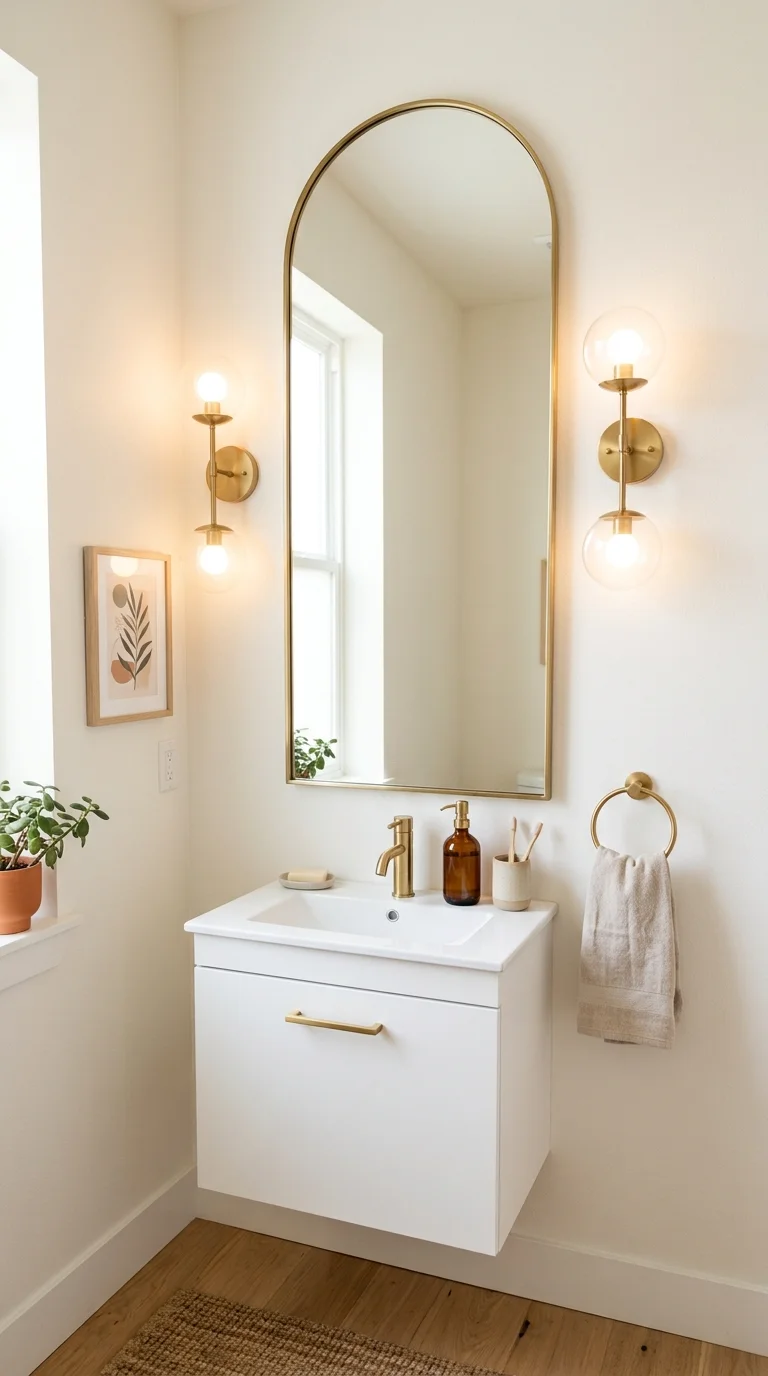 017 Arched Mirror Style A powder room with a tall narr