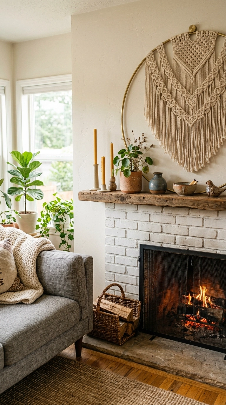 017 Boho Fireplace Mantel A fireplace mantel near a gr