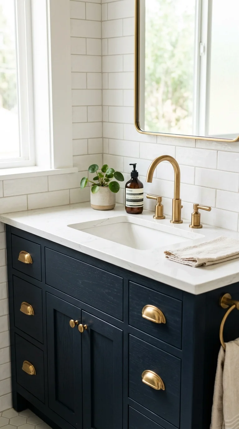 19 Bathroom Remodel Ideas to Refresh Your Space 18 017 Brass Hardware Swap A bathroom sink faucet and cab