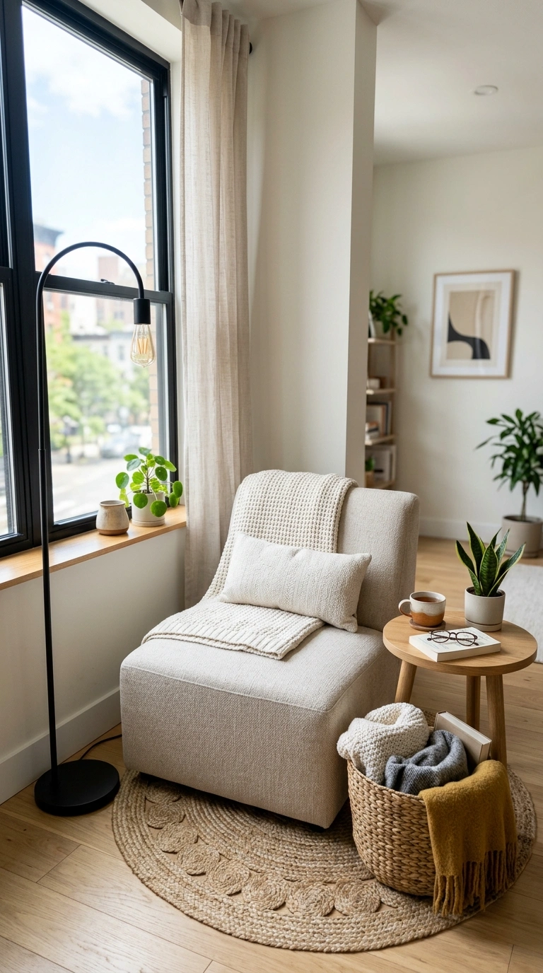017 Corner Reading Chair A studio apartment corner wit