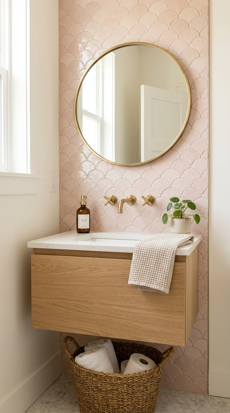 24 Bathroom Backsplash Ideas For Every Budget And Style 18 017 Fish Scale Tile A small powder room vanity with pa