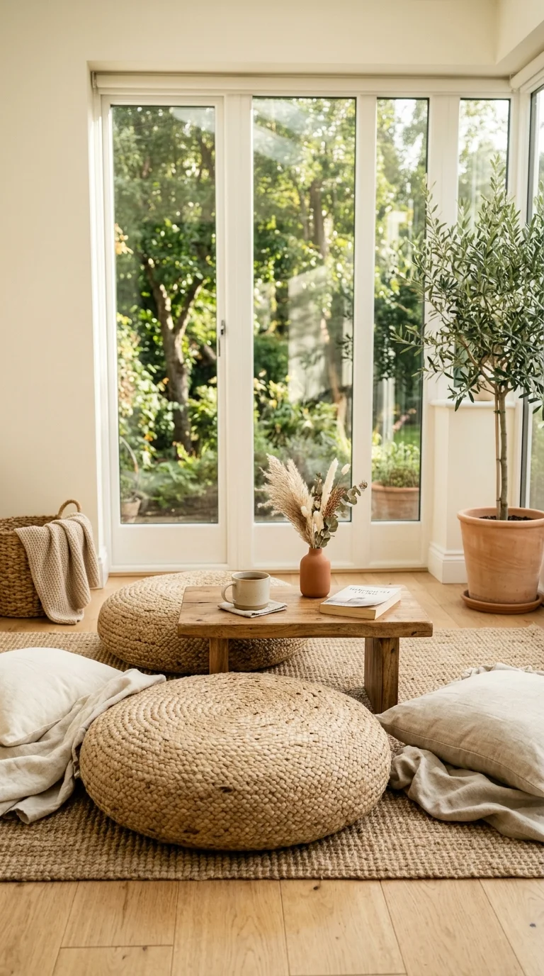 18 Sunroom Ideas for a Bright and Cozy Retreat 18 017 Floor Cushion Seating A sunroom floor area with tw