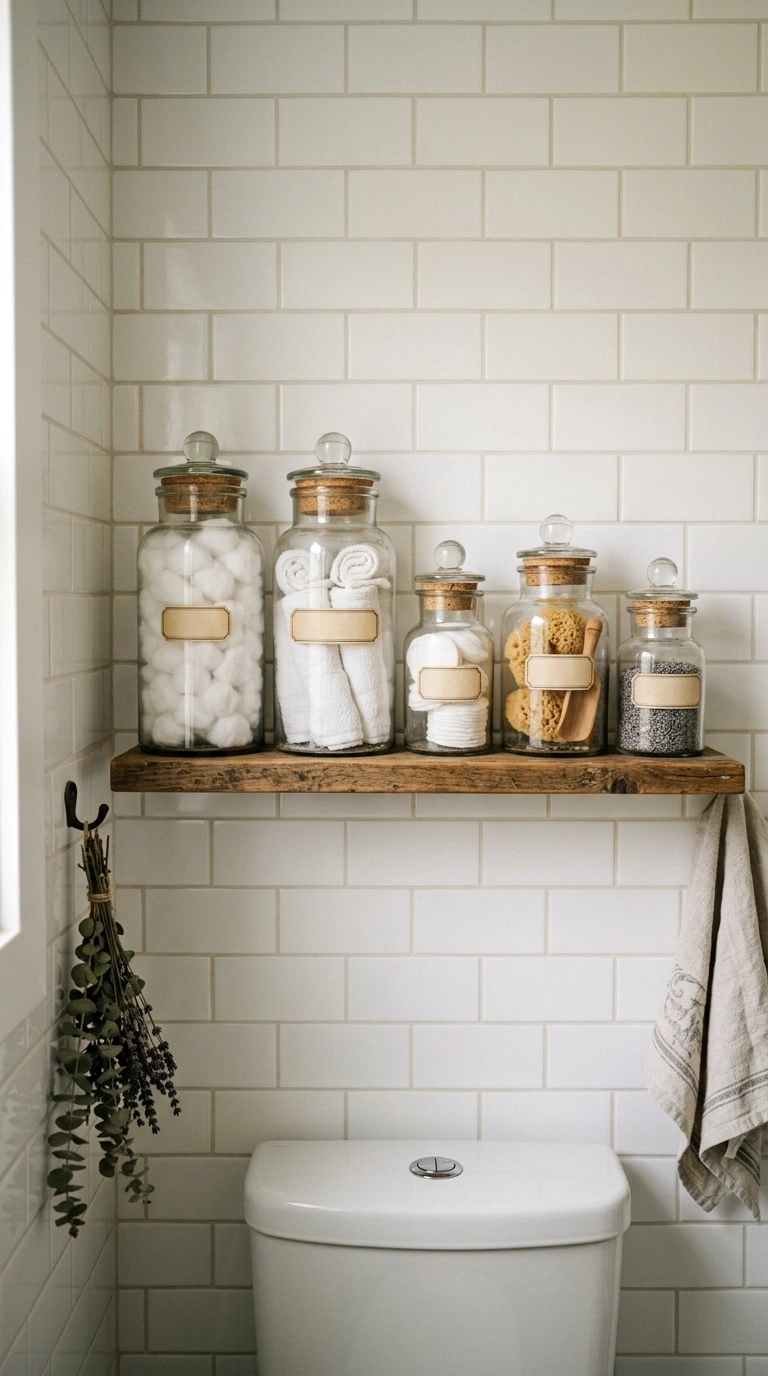 017 Glass Jar Storage A bathroom with a row of glass a