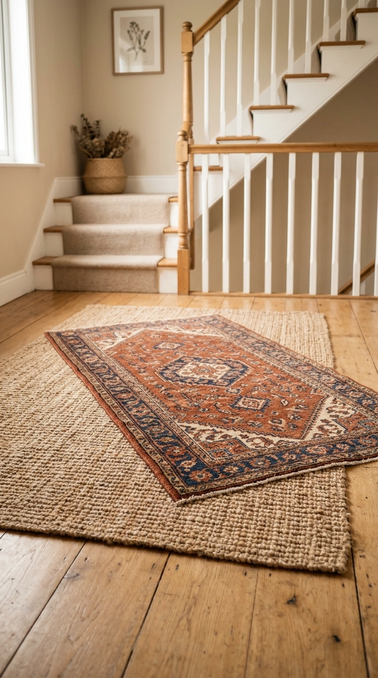 19 Stair Landing Decor Ideas to Make the Most of Your Space 18 017 Layered Area Rug A stair landing floor featuring a