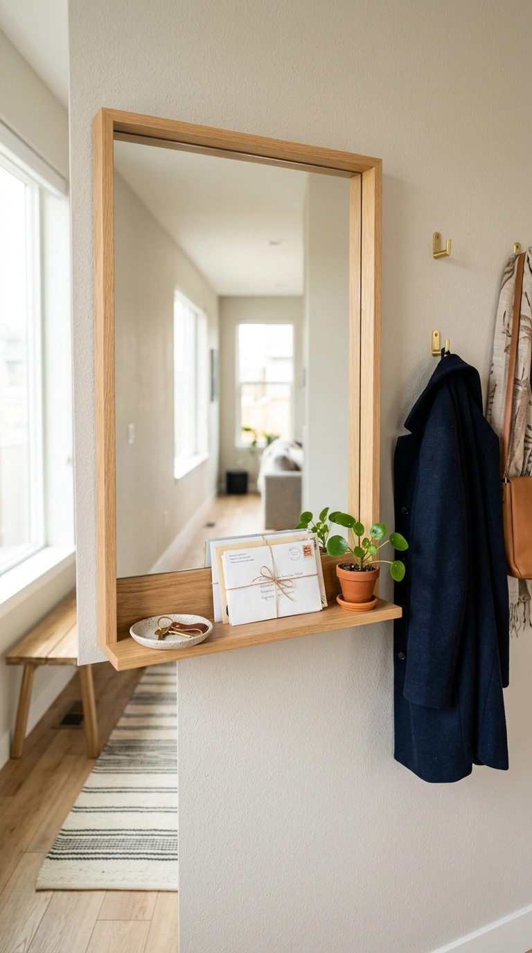 18 Jaw-Dropping Entryway Mirror Ideas You'll Love 18 017 Mirror With Shelf A wood framed mirror with a narr