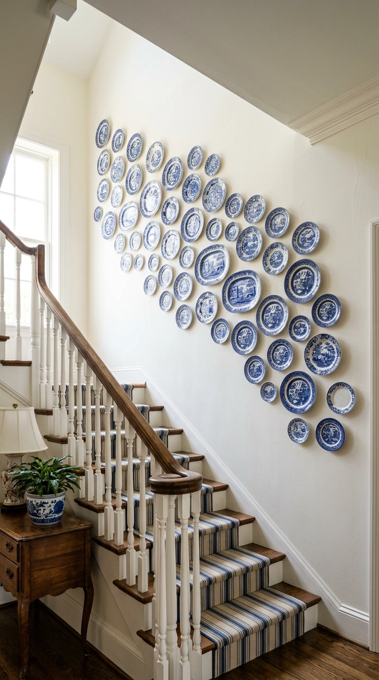 017 Plate Wall Display A staircase wall featuring a lo