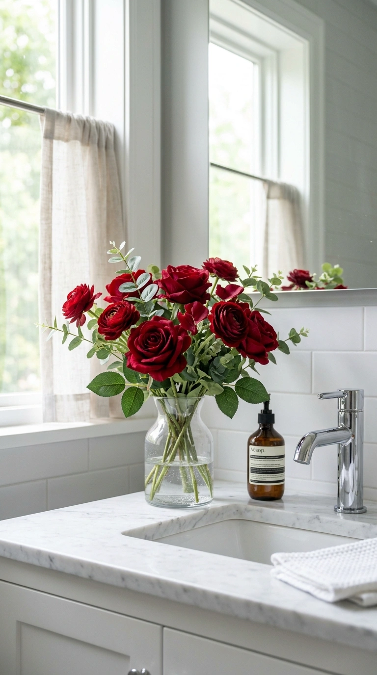 21 Bathroom Wall Decor Ideas for Black, Red & Chrome Themes + Smart Shower Storage 18 017 Red Flower Vase A small clear glass vase holding d