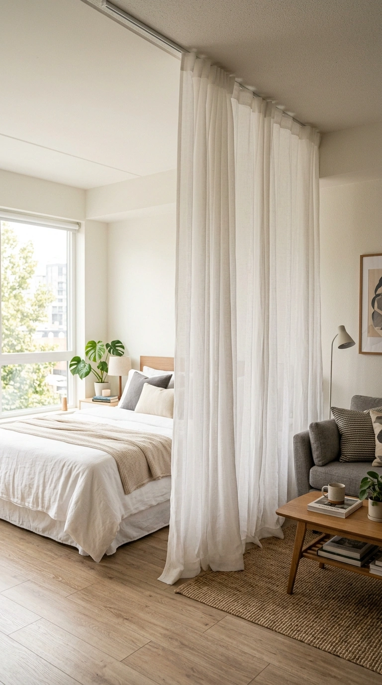 21 Smart Bedroom Divider Ideas for Stylish Studio Apartments 18 017 Sheer Curtain Layers Two layered sheer white curta