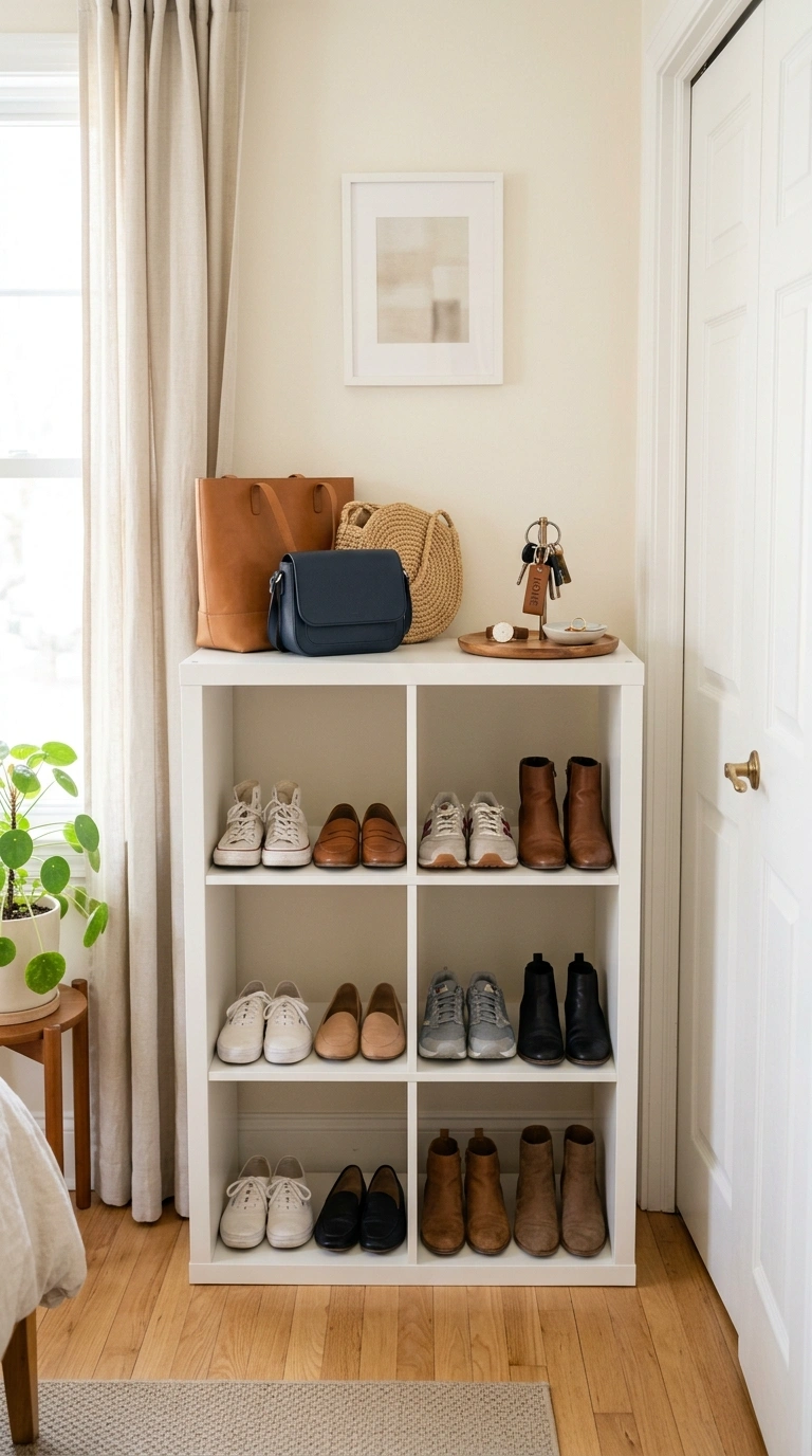 18 Genius IKEA KALLAX Bedroom Ideas That Transform Your Space 18 017 Shoe and Bag Wall A Kallax unit near a bedroom clo