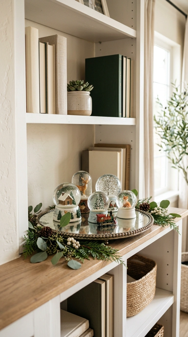 017 Snow Globe Display A bookshelf styled with a small