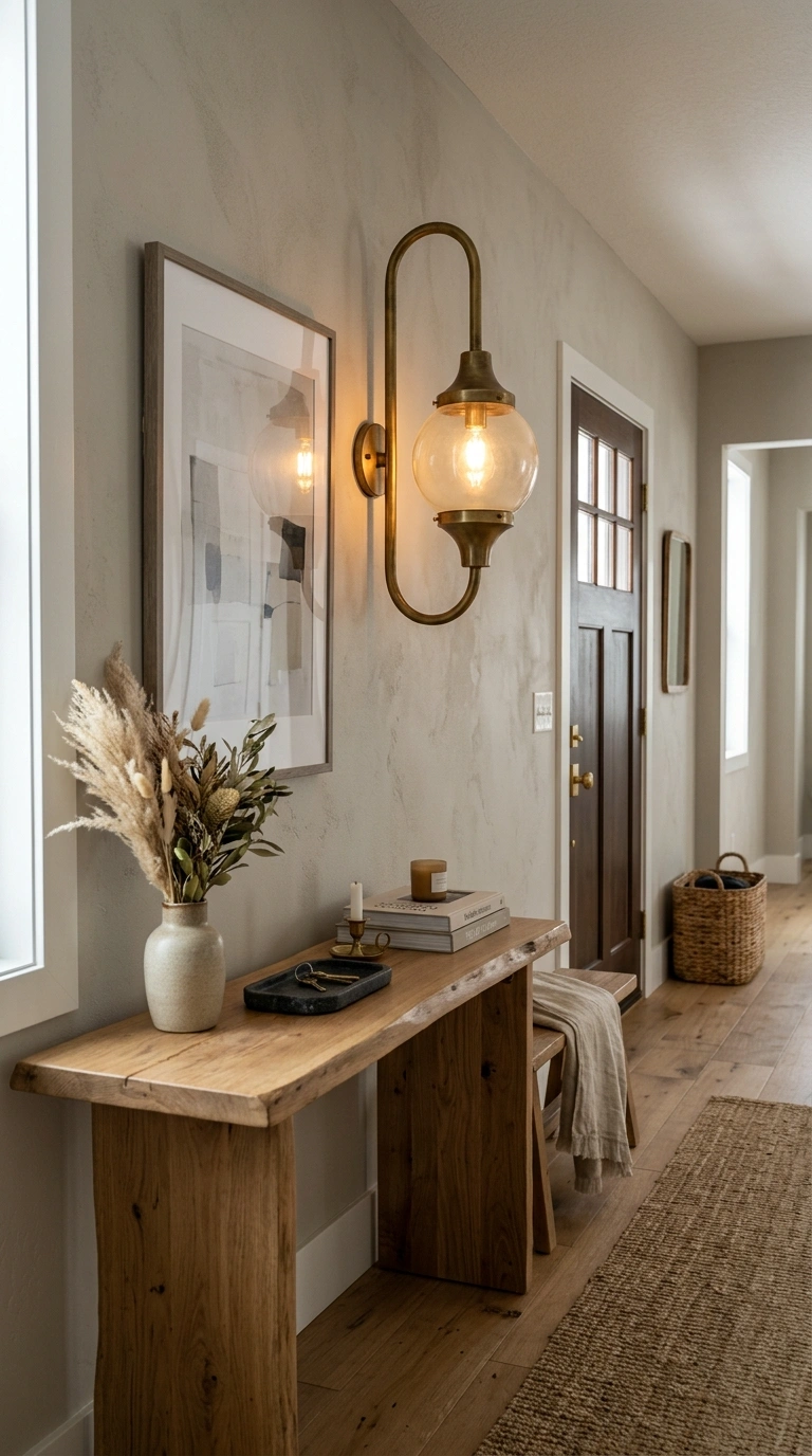 017 Statement Brass Sconce An entryway wall with a sin