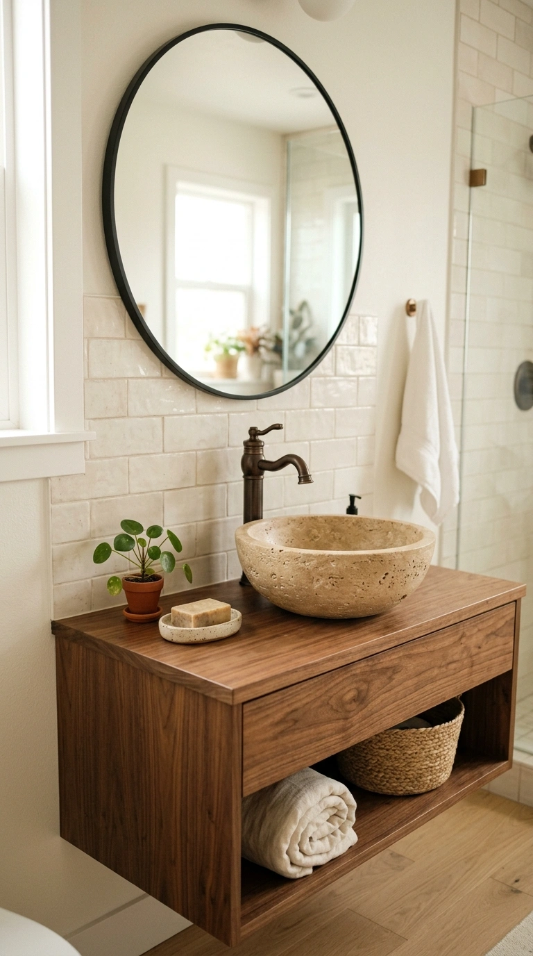 017 Stone Vessel Sink A tan stone bowl sink on a walnu
