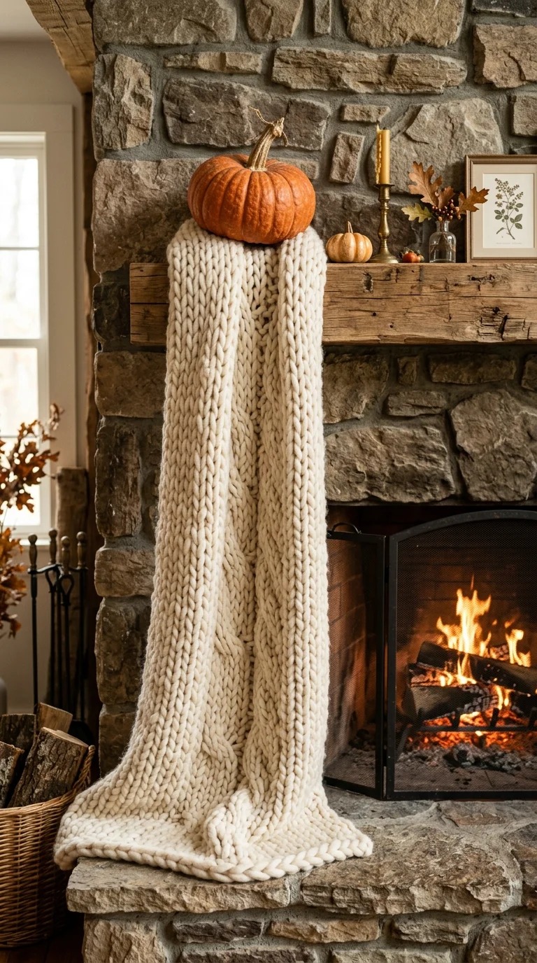 017 Textured Throw Drape A fireplace mantel with a chu