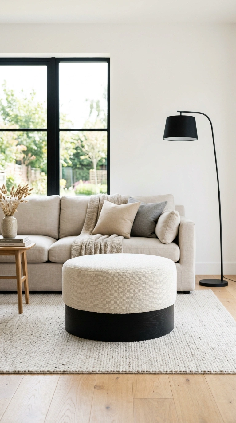 017 Two Tone Ottoman A round ottoman with a cream upho