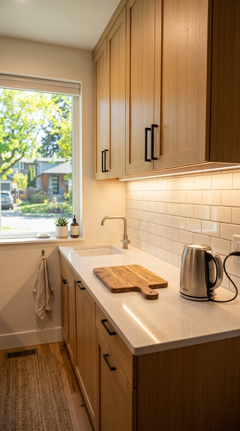 017 Under Cabinet Lighting A small kitchenette at dusk
