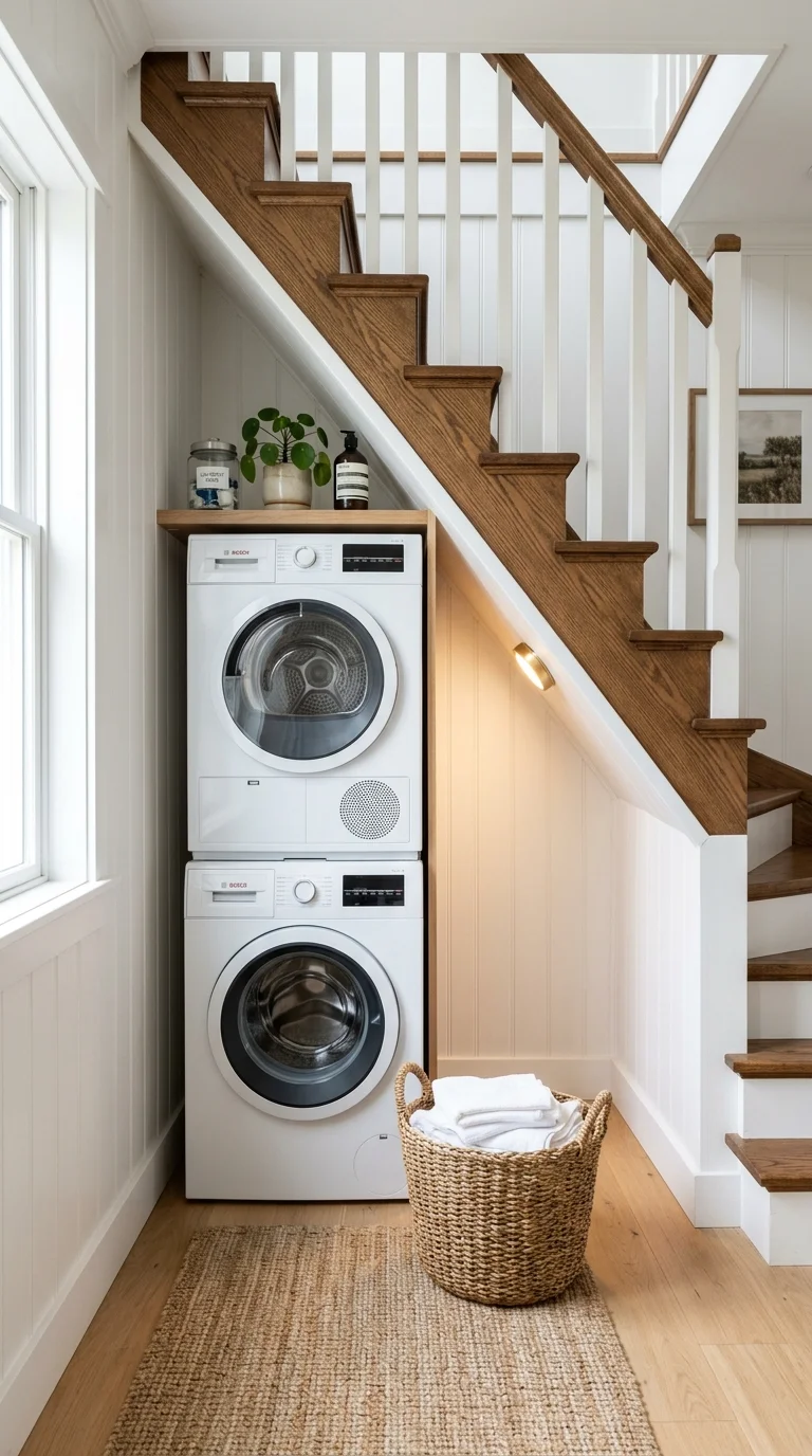 017 Under Stairs Laundry A laundry nook under a wooden