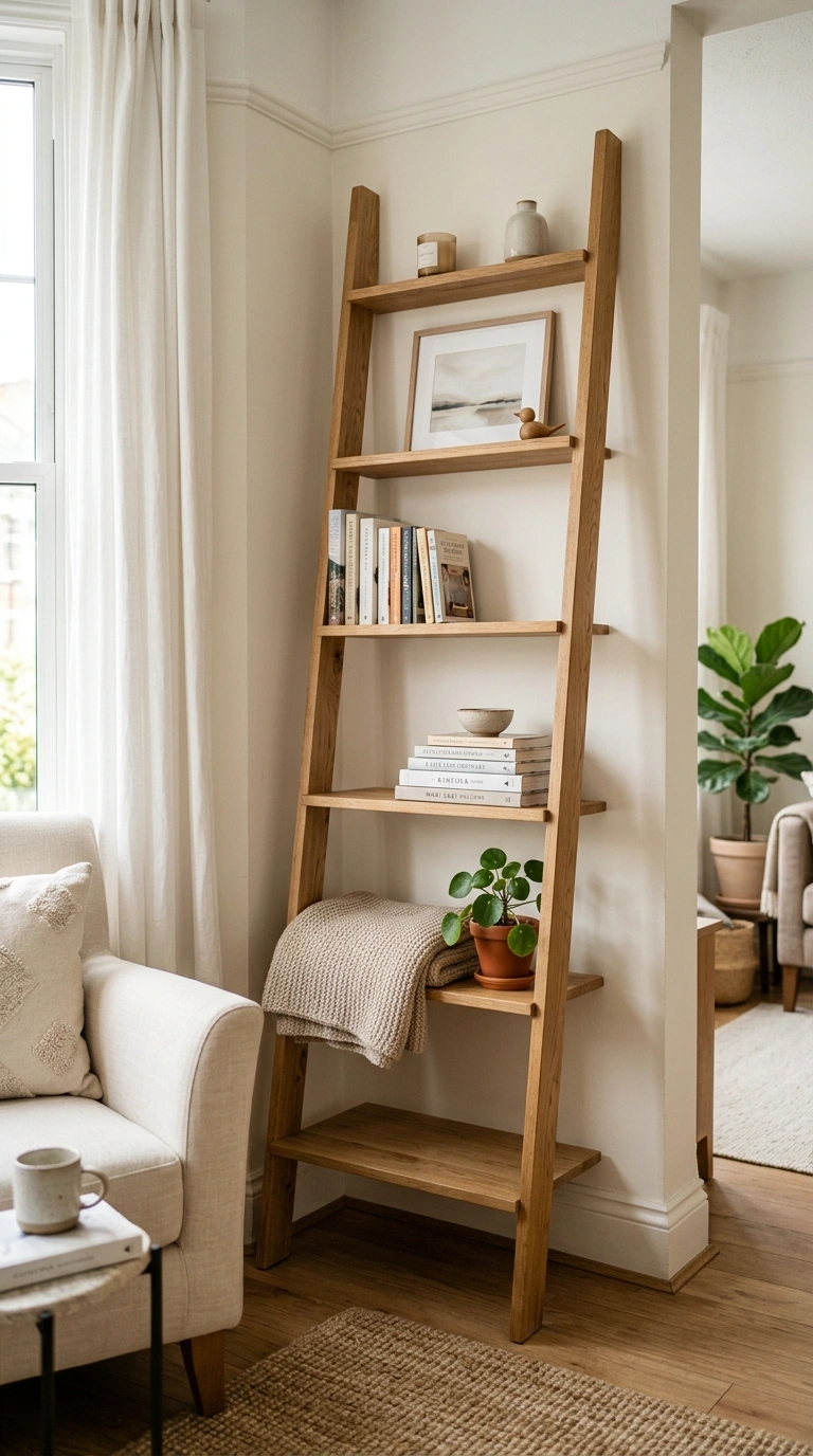 017 Vertical Storage Ladder A slim wood ladder shelf l