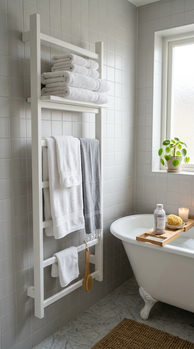 017 Wall Ladder Shelf A slim white wall mounted shelf