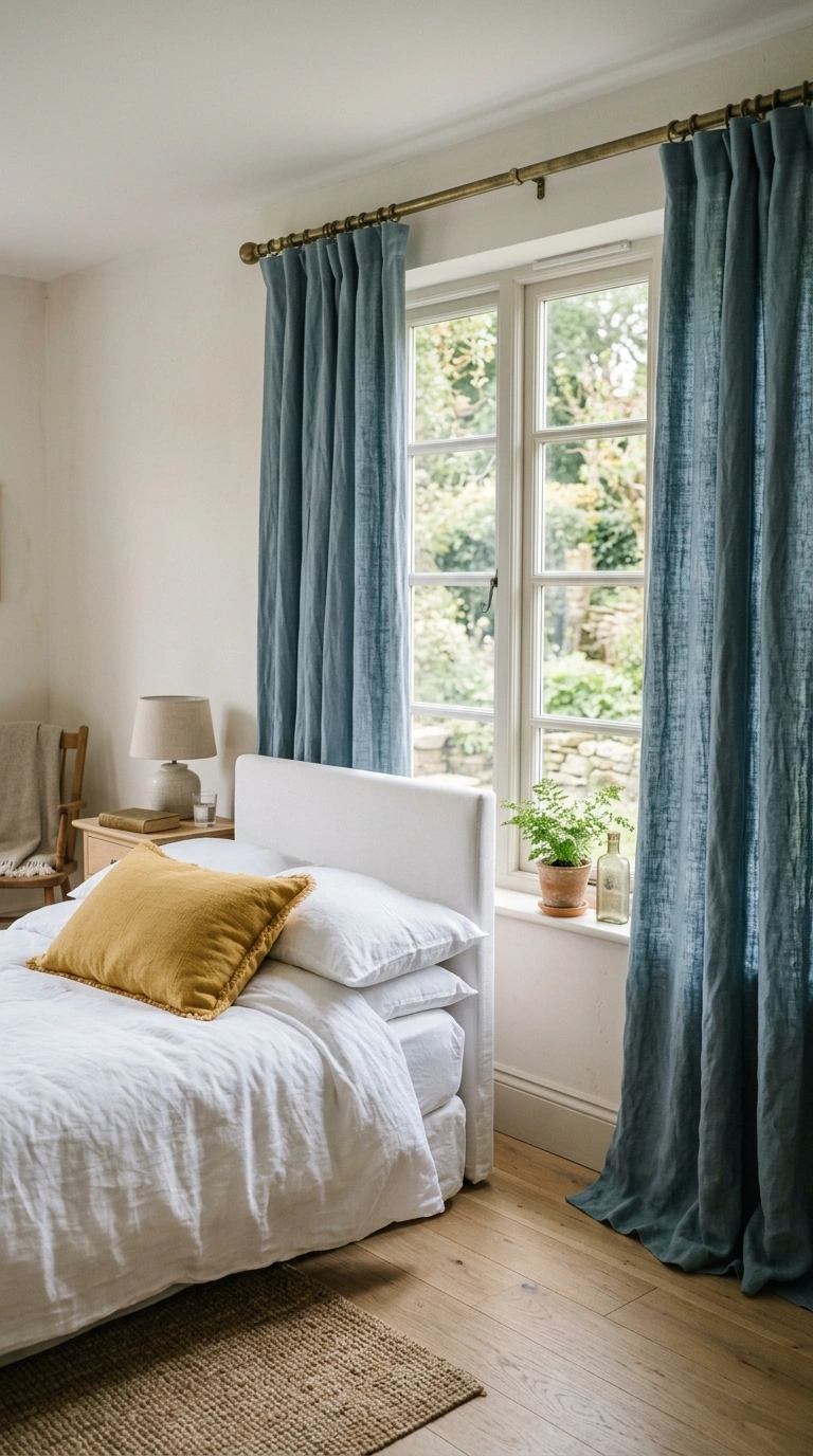 018 18 Blue Linen Drapes A bedroom with dusty blue lin