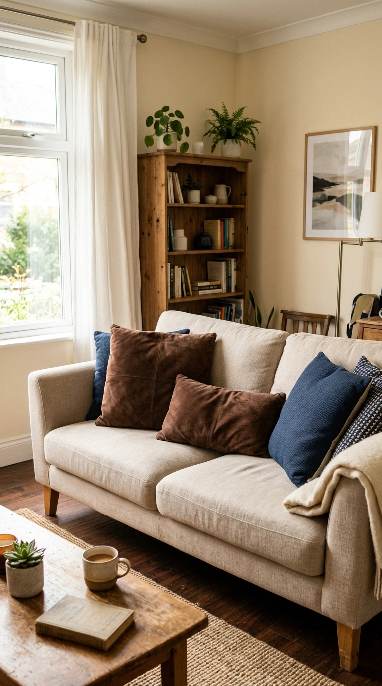 018 18 Brown Suede Cushions A sofa styled with a mix o