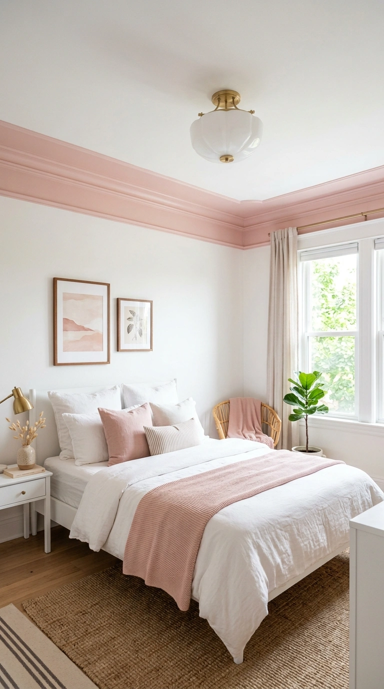 018 18 Pink Ceiling Trim A bedroom with white walls an