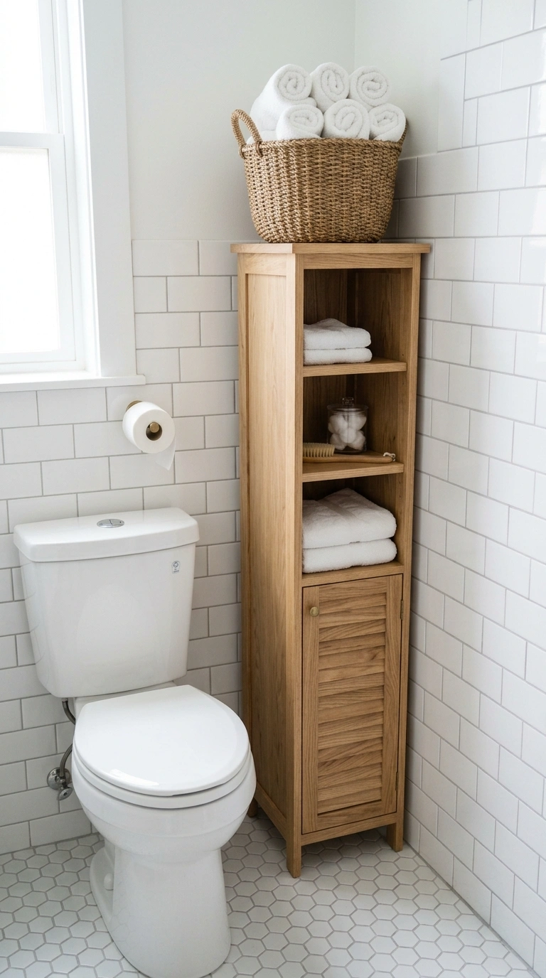 018 18 Slim Linen Tower A tall narrow wood linen cabin