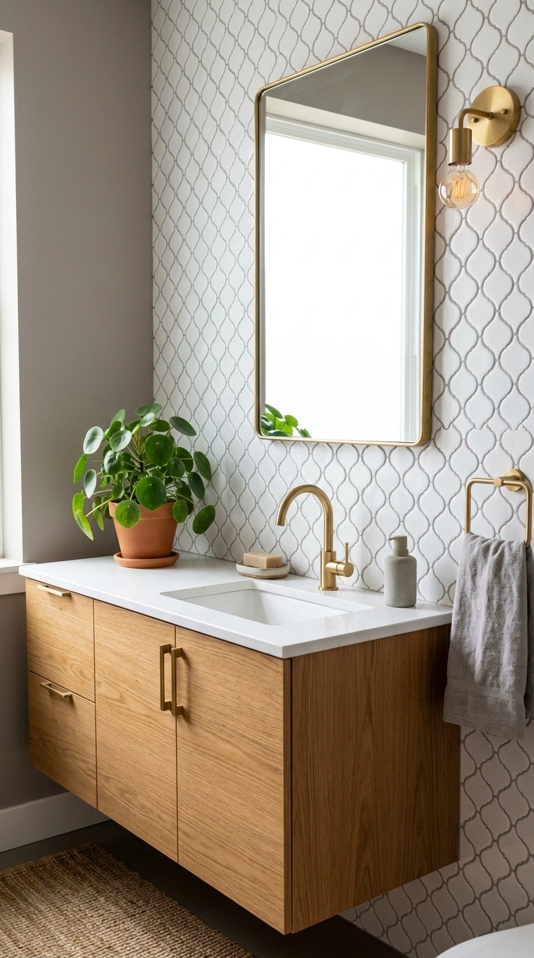 24 Bathroom Backsplash Ideas For Every Budget And Style 19 018 Arabesque Tile Splash A natural wood vanity with g