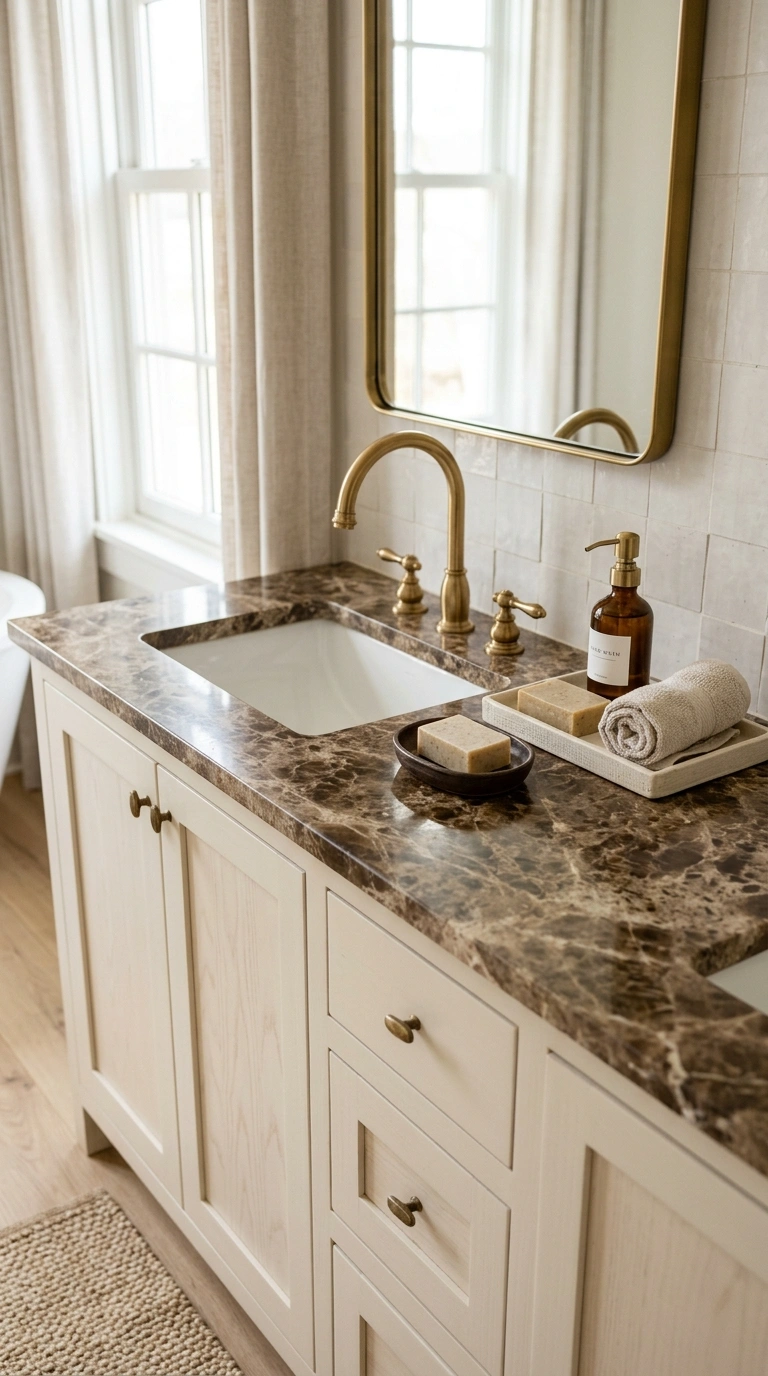 018 Brown Marble Counter A bathroom vanity with a crea