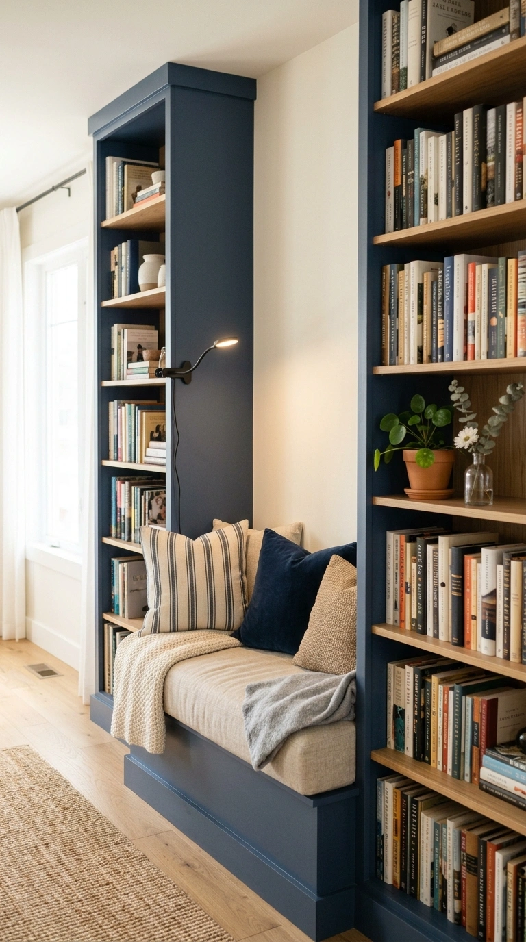 23 Simple Reading Nook Ideas You Can Set Up Today 19 018 Built In Bookcase Seat A wide cushioned seat built
