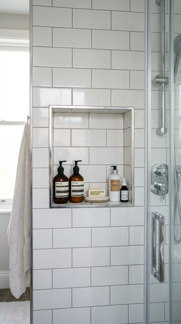21 Bathroom Wall Decor Ideas for Black, Red & Chrome Themes + Smart Shower Storage 19 018 Chrome Shower Niche A recessed shower niche with c