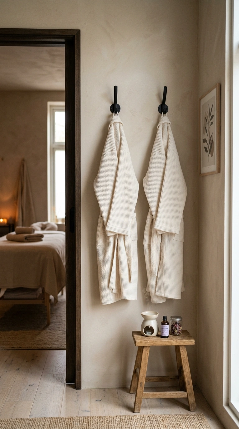 24 Dreamy Massage Room Ideas for Your Own Home Spa 19 018 Cozy Robe Hooks Two matte black wall hooks near a