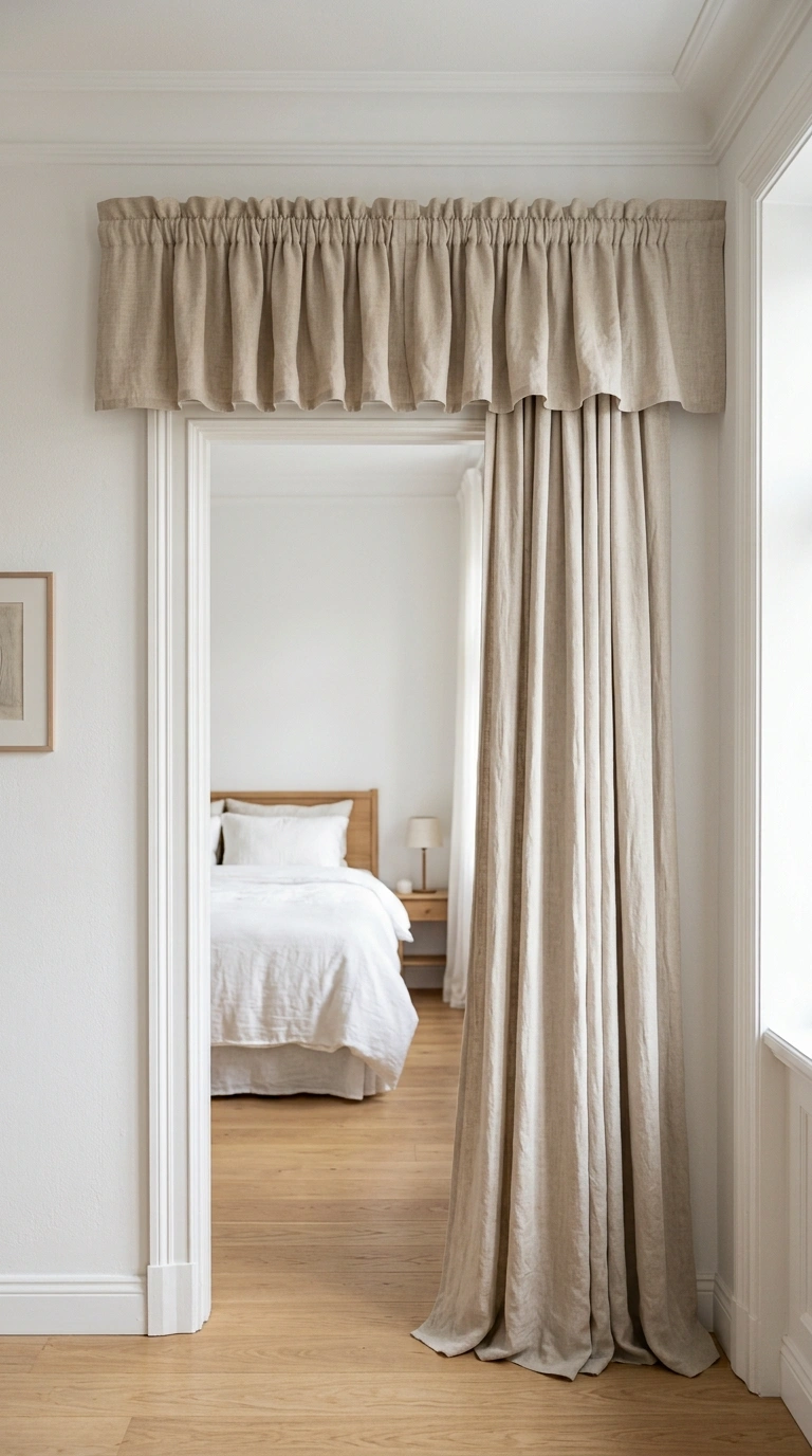 018 Doorway Valance Topper A gathered oatmeal linen va