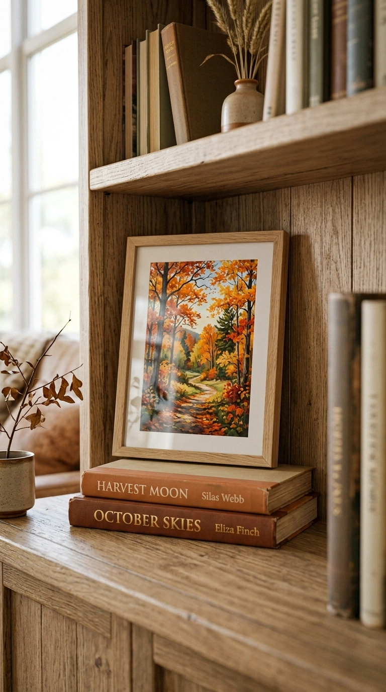 19 Trendy Fall Shelf Decor Ideas for Any Room 19 018 Framed Autumn Print A small framed autumn landscap