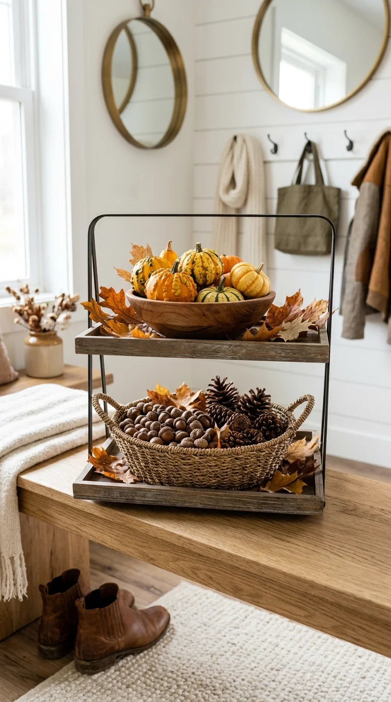 018 Gourd and Acorn Tray A tiered tray on a mudroom be