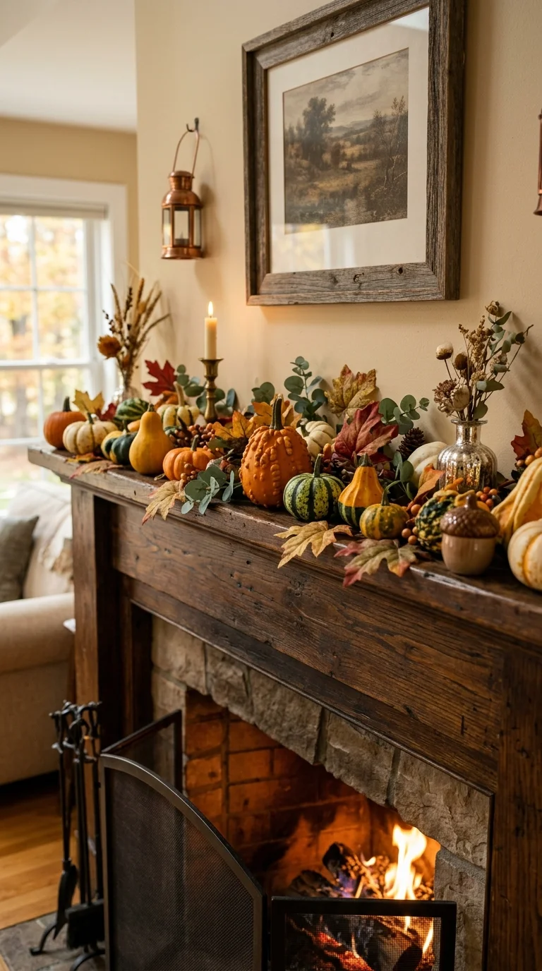 018 Gourd and Foliage Mix A fireplace mantel scattered