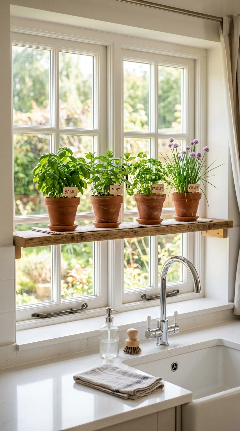 018 Herb Shelf Window A narrow wooden shelf across a k