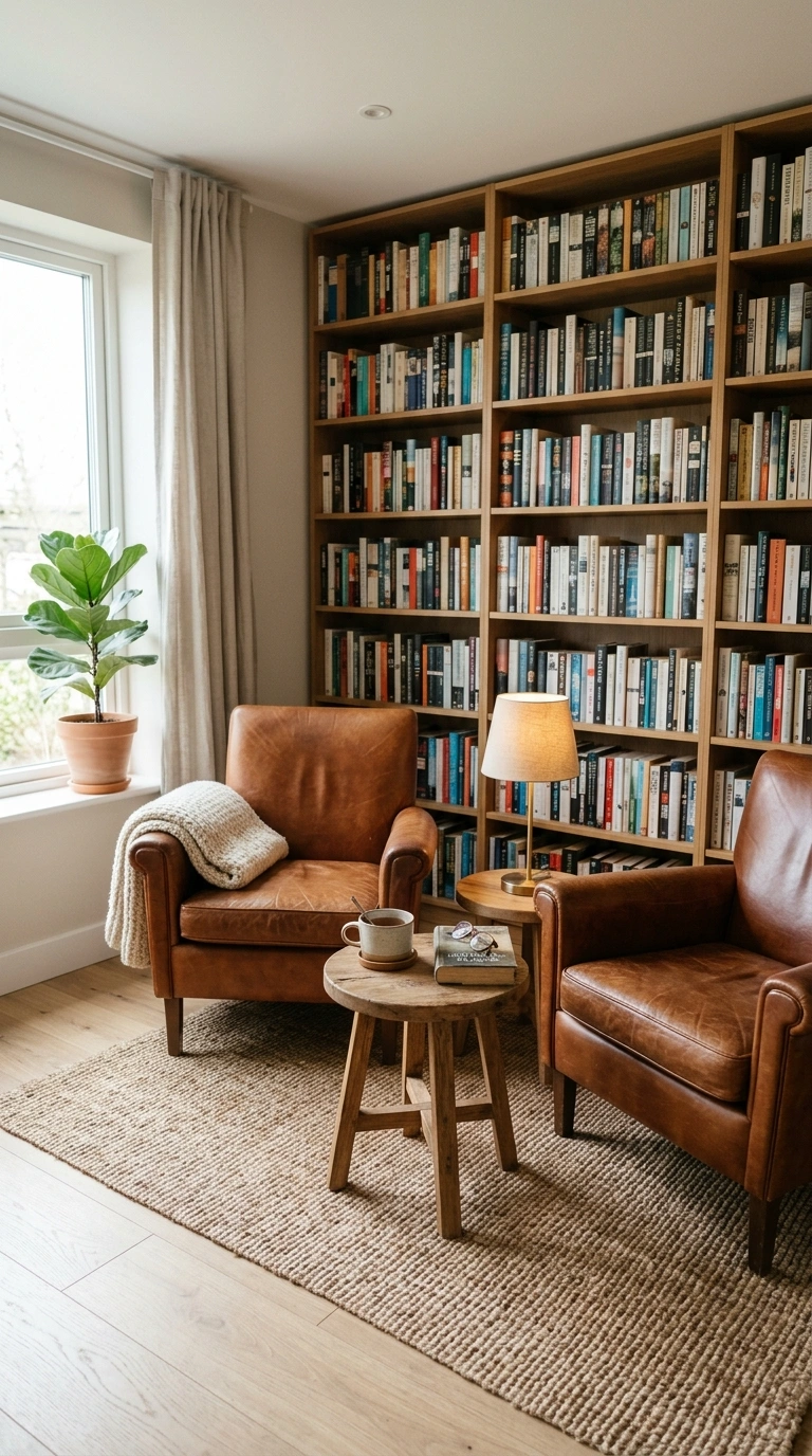 21 Small Home Library Ideas for Book Lovers 19 018 Leather Armchair Pair Two cognac leather armchairs